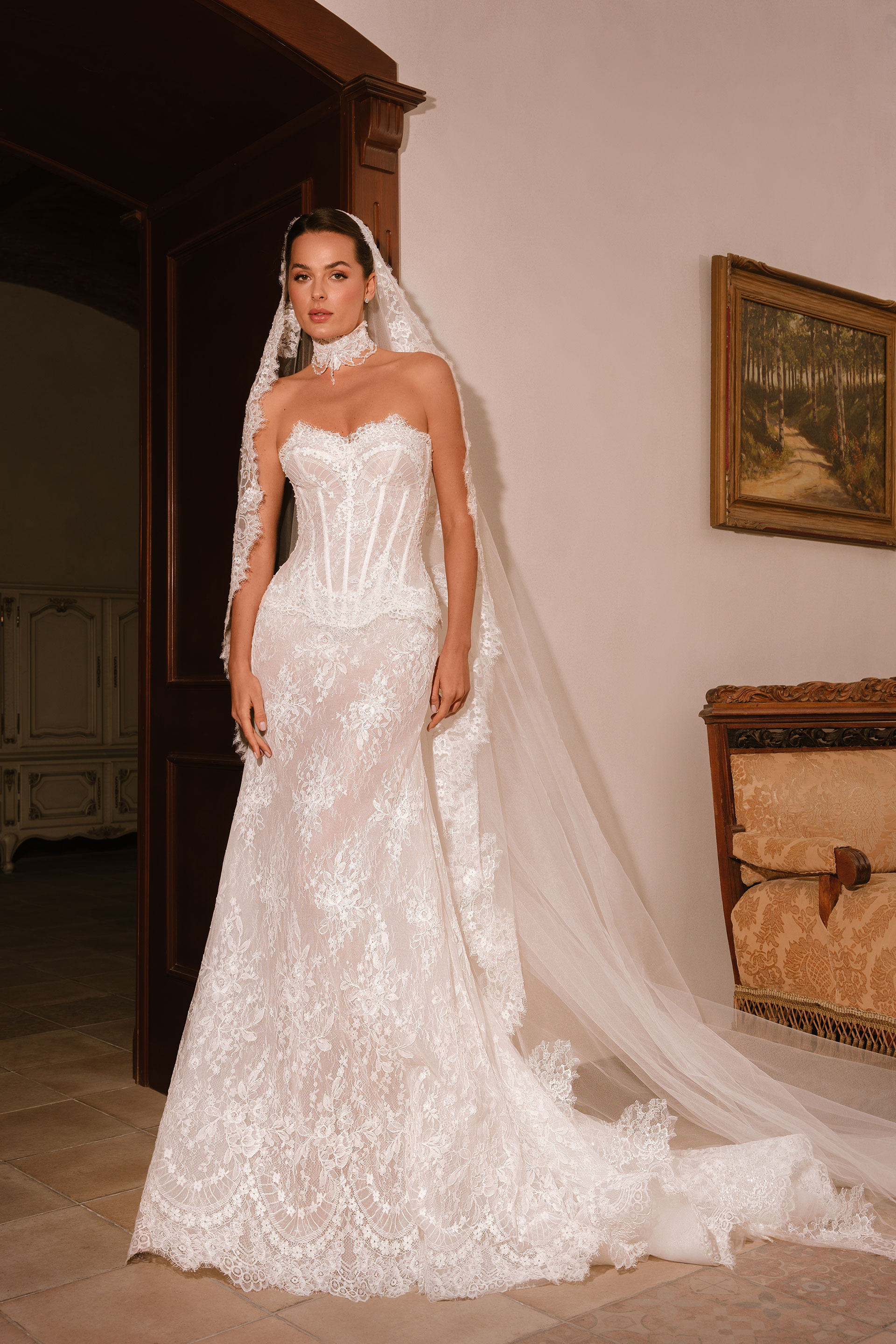 European wedding gown with lace and a graceful silhouette
