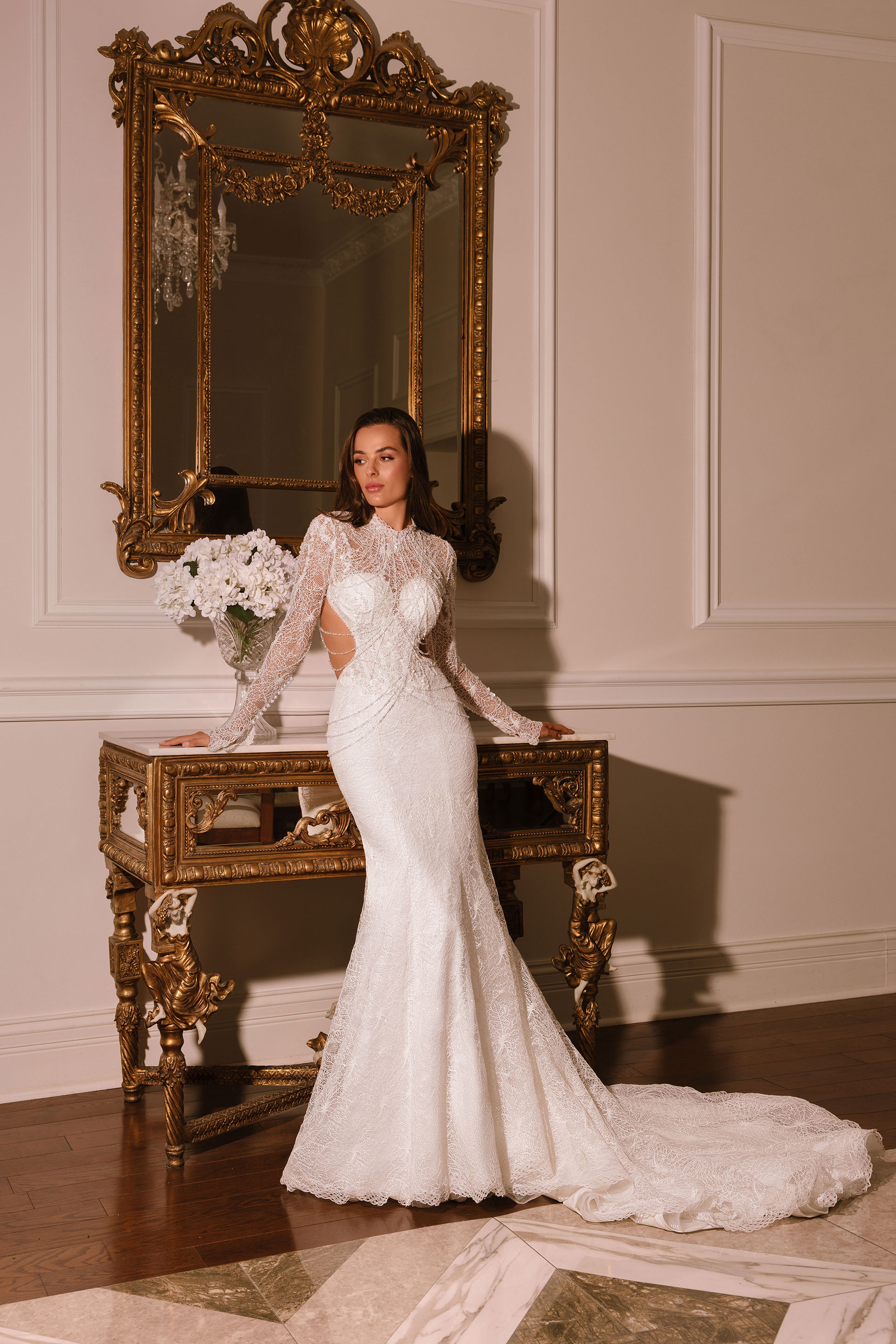 European bridal gown with delicate lace and graceful silhouette